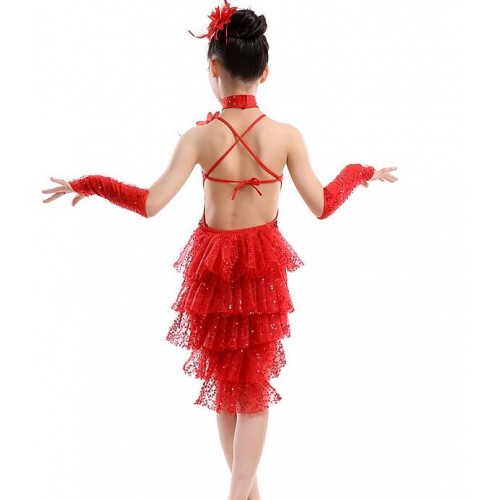 Red yellow Latin Dancing Dress Girls Performance Tassels Sequins Latin Dance Costumes Size 120-160CM